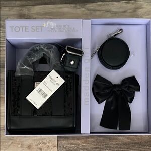 Madden Girl Black Mini Tote w/ Removable Pouch and Bow Clip